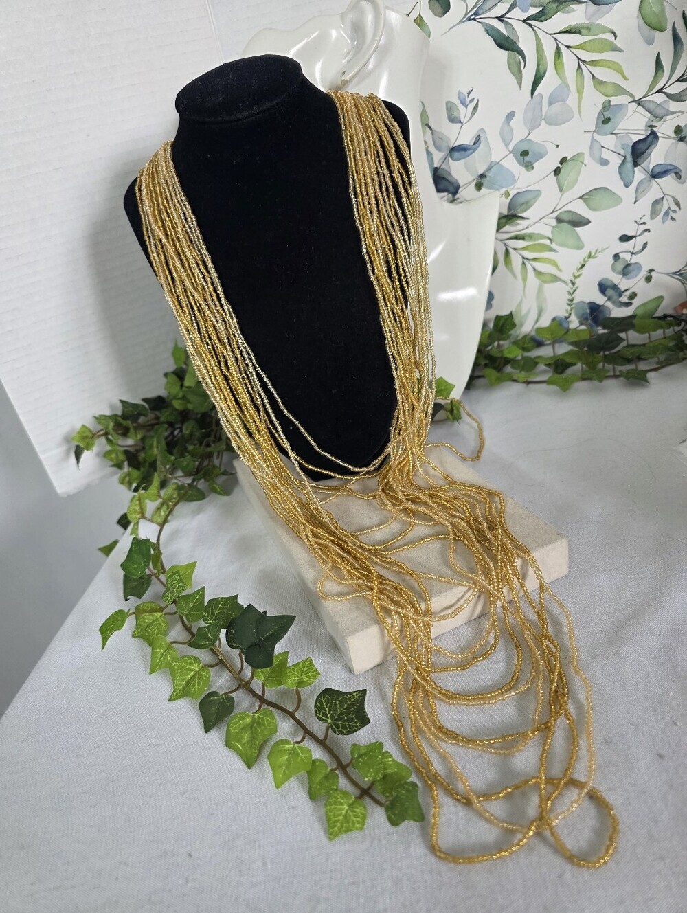 Gold Waterfall Seed Bead Statement Necklace - 18 Strands